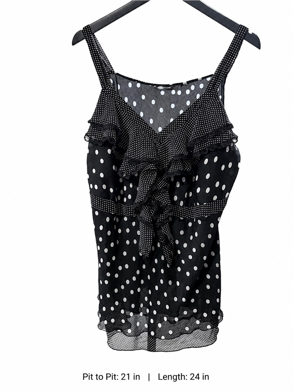 Avenue 18/20 Black White Polka Dot Ruffle Chiffon Camisole Top